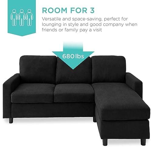 Best Choice Products Upholstered Sectional Sofa for Home, Apartment, Dorm, Bonus Room, Compact Spaces w/Chaise Lounge, 3-Seat, L-Shape Design, Reversible Ottoman Bench, 680lb Capacity - Black 6