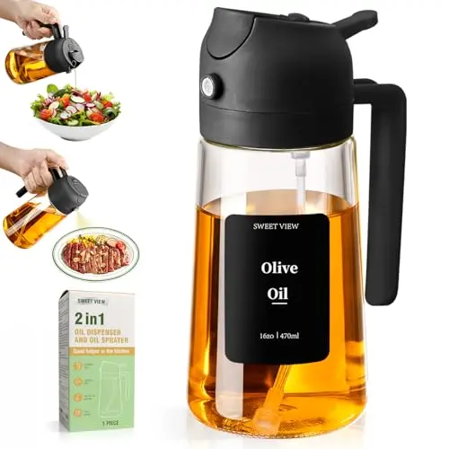 SWEET VIEW Olive Oil Sprayer for Cooking, 470ml 2 In 1 Glass Oil Dispenser/Pour Bottle, Kitchen Accessories, Kitchen Gadgets for Air Fryer, Salad, BBQ (Black)