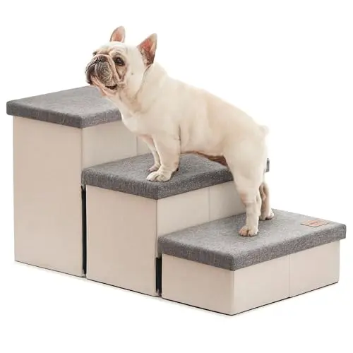 Love's cabin Dog Stairs for High Bed 18" H, Foldable Pet Stairs for Small Medium or Large Dogs Puppy with Storage for Bed or Couch, Cat Dog Steps Ramp with Zip up to 200 lbs, Light Grey, 3 Steps
