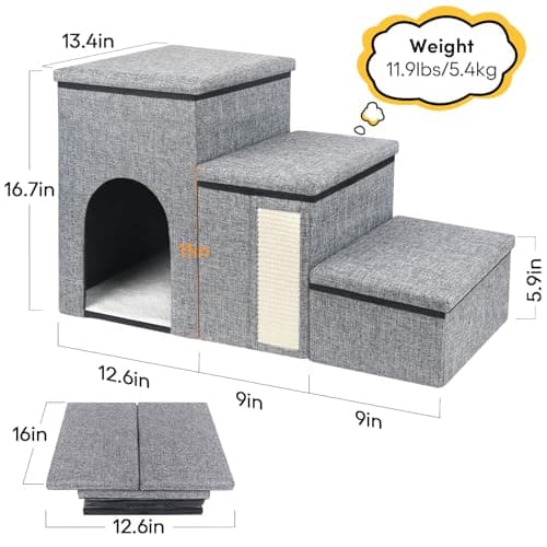 petizer Dog Stairs for Small Dogs, Foldable Pet Stairs for Couch/Bed with Storage Box, Condo and Cat Scratcher, Adjustable Non-Slip Dog Steps for Puppy, Cats, or Small (3-Step,17" H) 5