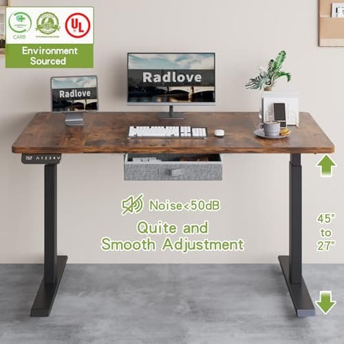 Radlove Dual Motors Height Adjustable 55 x 30'' Electric Standing Desk with Drawer Stand Up Table 4 Memory Keys, Computer Desk with Splice Board Home Office Desk, Rustic Brown Top + Black Frame 5