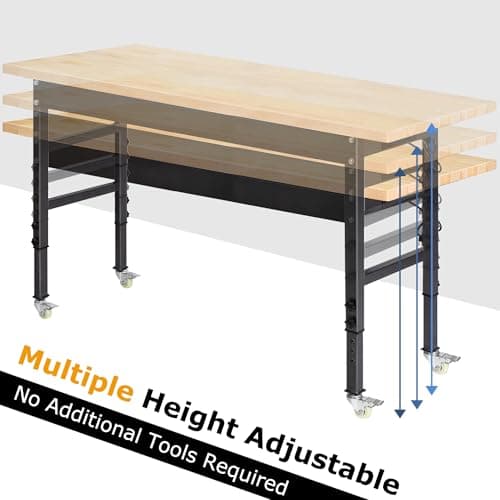 60" Adjustable Work Bench, Rubber Wood Top Workbench Heavy-Duty Work Table with Power Outlet and Wheels, 2000 LBS Load Capacity Hardwood Work Benches for Garage, Workshop, Home, Office, Easy Assembly 7