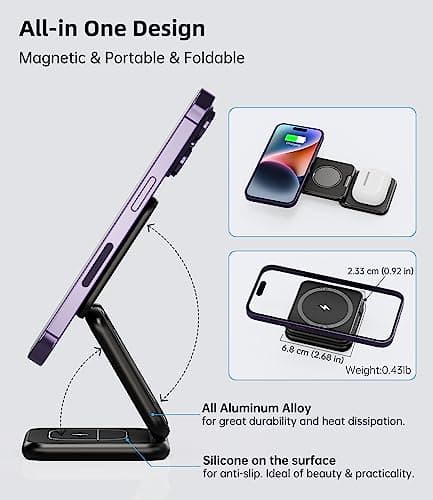 Foldable Magnetic Wireless Charger, KU XIU X40 Aluminum Alloy 3 in 1 Charging Station for Apple, Fast Charging Travel Charger for iPhone 17 16 15 14 13 12, 5W for Apple Watch & AirPods, Black 7