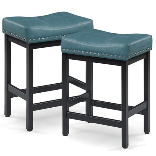 OUllUO Green Bar Stools Set of 2, 25 Inches Counter Height Bar Stools, Teal Faux Leather Saddle Seat Bar Stools with Nailhead, Black Metal Kitchen Barstools for Kitchen Counter, 918P-GN