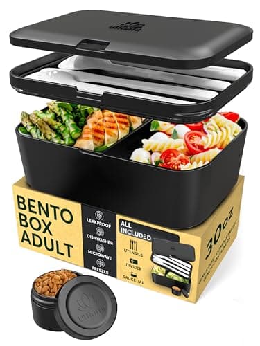 Umami Lunch Box Containers w/ 4 Utensils, Sauce Jar, Nestable Space-Saving Bento Box Adult, 100% Leakproof, Microwavable Lunch Containers for Adults, Design Award Winner, Black, 30 oz