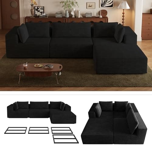 106" Sectional Sofa Couch, 4-Piece L-Shaped Cloud Couch with Chaise, Modular Sofa for Living Room with Sturdy Metal Frame & 5 Pillows, Boneless Fluffy Corduroy Deep Seat Couch(Black)