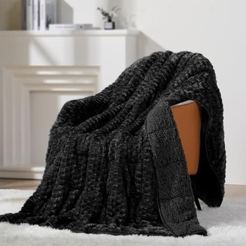 Super Soft Luxury Fleece Sherpa 20 lbs Weighted Blanket for Adults, Turtle Shell Fuzzy Cozy Warm Queen Weighted Throw for Winter, Ceramic Beads Washable Heavy Blankets for Couch Bed, Black, 60" x 80"