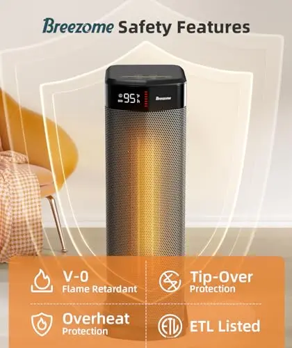 BREEZOME Space Heater for Indoor Use, 1500W Fast Heating PTC Ceramic Electric Heaters with Thermostat, 90°Oscillating, 24H Timer, Ideal for Home Office Bedroom 7