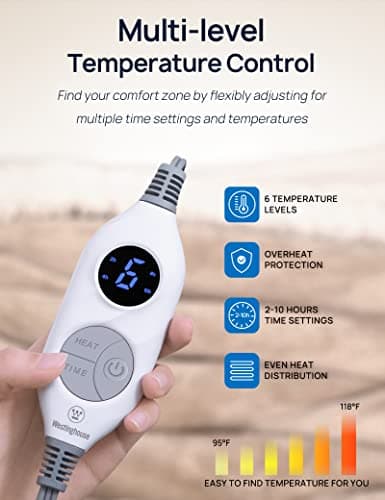 Westinghouse Electric Snuggle Throw Blankets with Foot Pocket, Wearable Heated Throw with Sleeves, 6 Heating Levels & 2 to 10 Hours Heating Time Settings, 50 * 70"+18", Beige 3