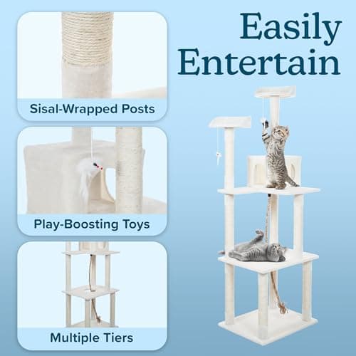 Cat Tree - 6-Foot Cat Tower for Indoor Cats with Napping Perches, Kitty Condo, 9 Cat Scratching Posts, 2 Hanging Toys, and Rope by PETMAKER (Ivory) 5