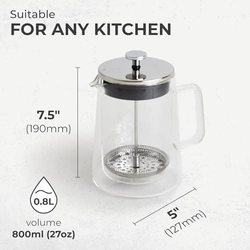 Kaffe Glass French Press Coffee Maker (27oz / 0.8L) - Double-Wall Insulated Borosilicate Glass Coffee Press - Travel & Camping - Homemade French Press Coffee 5