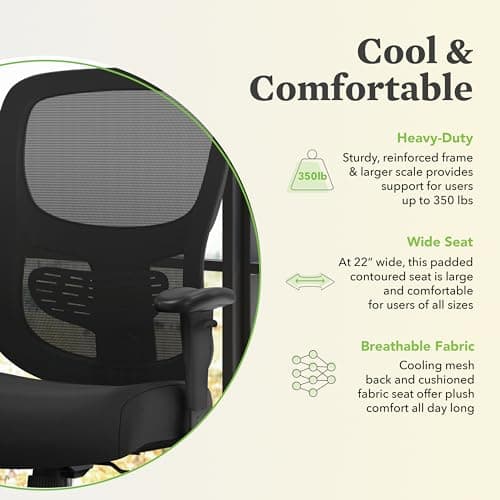 HON Sadie Big and Tall Office Chair, Ergonomic Desk Chair with Mesh Back, Lumbar Support, 350 lb Max, Black 5