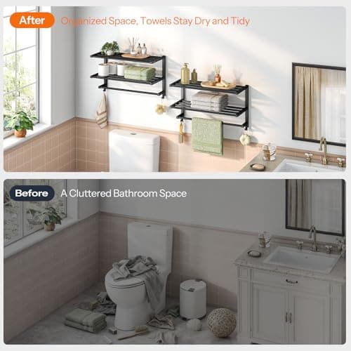 HOOBRO 23.8" Towel Rack for Bathroom, 3 Tier Towel Shelf with Tower Bars, Bathroom Storage Organizer for Towels and Toiletries, Towel Holder Wall Mounted with 2 Hooks, Black BK08LB01 5