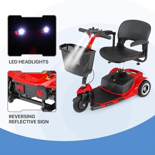 monicare 3-Wheel Folding Mobility Scooter for Adults 12-Mile Long Range Foldable Heavy-Duty Mobility Scooter for Seniors with Basket (Red) 11