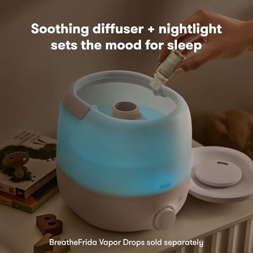 Frida Baby 3-in-1 Cool Mist Humidifier for Large Rooms, Top Fill Humidifier for Bedroom, Allergy Relief, 60 Hour Runtime + Nightlight, Auto Shut-Off, Quiet, Carry Handle, Essential Oil Diffuser 6