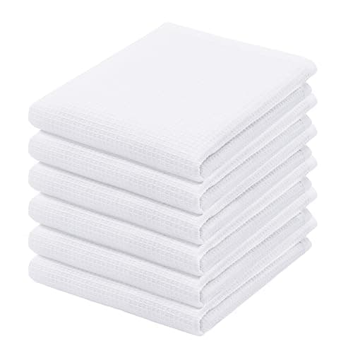PurpleEssences Waffle Weave Kitchen Towel, 100% Cotton - 15x25 Inches with Hanging Loop, Ultra Soft Absorbent Quick Drying Dish Cloth, Tea and Hand Towels, 6 Pack - Spring Easter Summer - White