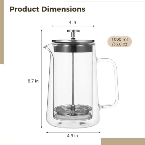 Anjetan Press Coffee Maker, 1000 ml/33.8 oz Double Wall Insulated Tea Maker, Heat Resistant High Borosilicate Glass with Fine Mesh Filter & Ergonomic Handle, Ideal for Hot and Cold Beverages 4