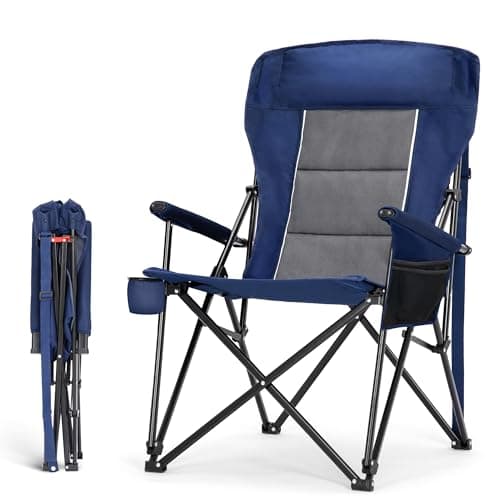 HIGH POINT SPORTS Oversized Camping Chairs for Adults, High Back Heavy Duty Lawn Folding Chair Support 500LBS, Padded Portable Outdoor Chair with Cup Holder, Blue