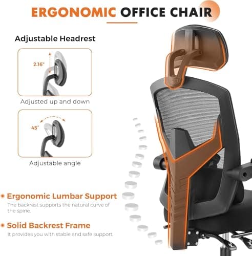 Sweetcrispy Office Computer Desk Chair, Ergonomic High-Back Mesh Rolling Work Swivel Chairs with Wheels, Comfortable Lumbar Support, Comfy Arms for Home, Bedroom, Study, Student, Black 5