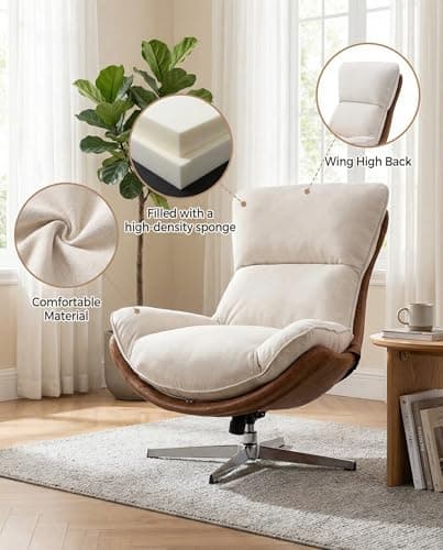 LukeAlon Linen Swivel Lounge Chair, Upholstered High Back Accent Chair with Metal Base Armelss Comfy Modern Recliner Chair for Living Room Office, Beige 8
