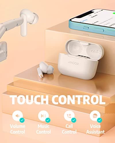 AIHOOR Wireless Earbuds for Music and Sports, Bluetooth 5.3 in-Ear Headphones with Extra Bass, Built-in Mic, Touch Control, USB Charging Case, 30hr Battery Earphones (High Gloss White) 6