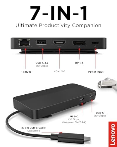 Lenovo USB-C Dual Display Travel Dock - 7 Ports, Integrated USB-C Cable, Universal Compatibility, Dual Displays at 4K - Black 7
