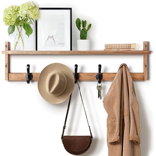 Tatub 29'' Coat Rack Wall Mount with Shelf, Wood Wall Hooks with Storage, Entryway Shelf with 5 Hangers for Bathroom, Living Room, Bedroom, Rustic Brown