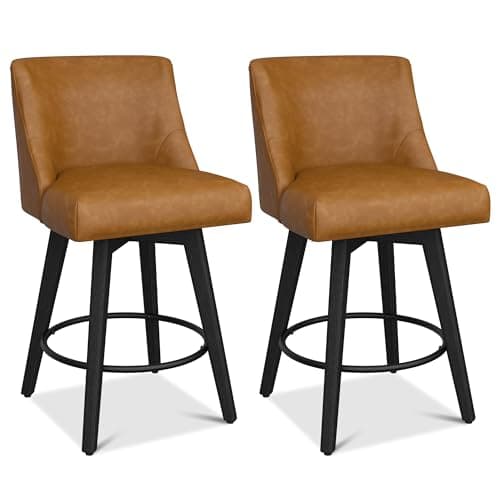 CarterChairr Counter Height Bar Stools, 26" H Seat Height Swivel Barstools Set of 2, Faux Leather Upholstered Modern Counter Stools with Back for Kitchen Island, Solid Wood Legs, Saddle Brown