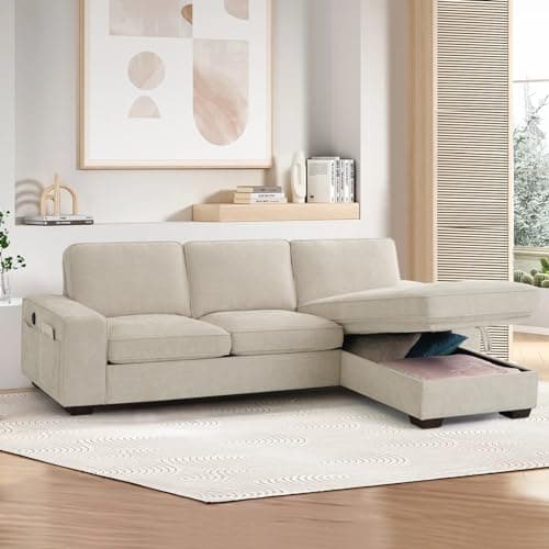 MEROUS Reversible Sofa, L-Shaped, Snow Velvet Cloud Sofa with Storage, Removable Cushion Cover(Beige)