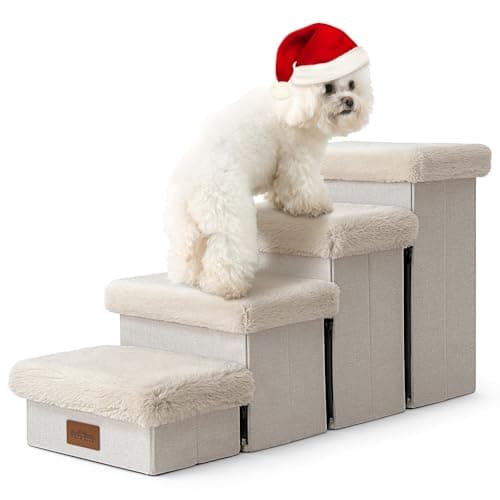 Dog Stairs with Storage, Wider Sturdy Dog Steps for Small/Medium/Large Dogs and Older Cats, Folding Doggie Ramp for Bed/Couch/Car Hold Up to 210 lbs (Cream, 33x13x17.71in)