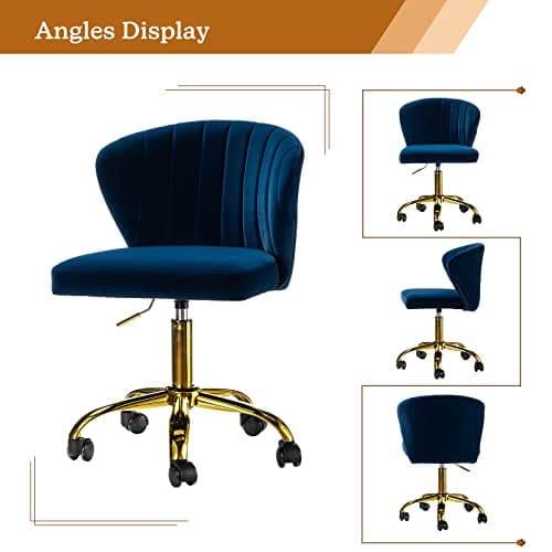 TINA'S HOME Office Desk Chairs with Wheels & Gold Base, Modern Velvet Cute Armless Office Chair, Adjustable Low Back Swivel Rolling Chair, Upholstered Task Chair for Living Room Vanity Study-Navy 6