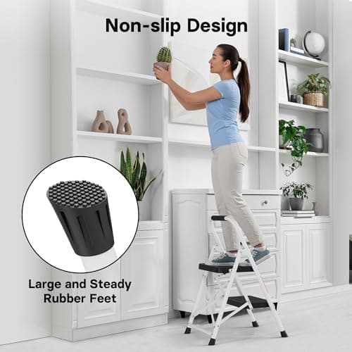 BONTEC 2-Step Ladder, Folding Step Stool, 600lbs Max Load Capacity, Sturdy Steel, Non-Slip Pedals, Lightweight, Portable Steel Ladder with Convenient Handrail, Safety Design for Home & Work, White 8