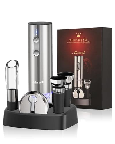 Moriank Electric Wine Opener Set with Stand, Wine Gift Set with Rechargeable Wine Opener, Wine Aerator, Vacuum Stoppers and Foil Cutter, 6-in-1 Wine Bottle Opener Set for Home Party Bar Outdoor Gift