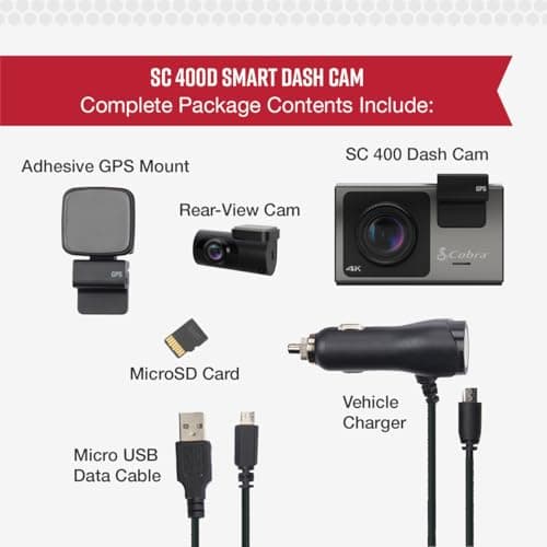 Cobra Smart Dash Cam + Rear Cam (SC 400D) – UHD 4K Resolution, Alexa Built-In, 3-Camera Capable, Live Police Alerts, Emergency Mayday, Drive Smarter App, 3" Touchscreen, Wi-Fi & GPS, 32GB SD Card Incl 6