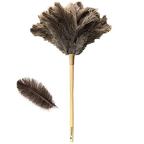 Feather Dusters for Cleaning, Feather Duster Ddzmz Fluffy Natural Genuine Ostrich Feathers and Reusable Wooden Long Handle Large Ostrich Feather Duster Cleaning for Housewife Brown Length 24" 1Pack
