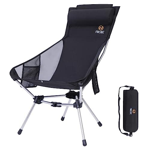 Nice C Ultralight High Back Folding Camping Chair, Collapsible Backpacking Chair, Compact & Heavy Duty Outdoor, Travel, Picnic, Festival with 2 Side Pockets, Pillow &Carry Bag (One Black)