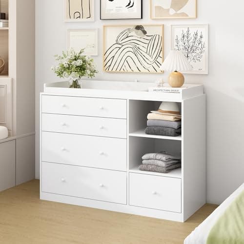 TAMUNE Dresser with 5 Drawers, White Chest of Drawers with Open Shelves, Modern 5 Drawer Chest with Knobs, 5 Drawer Dresser Cabinet for Bedroom Living Room, 19.7”D x 47.2”W x 36.1”H