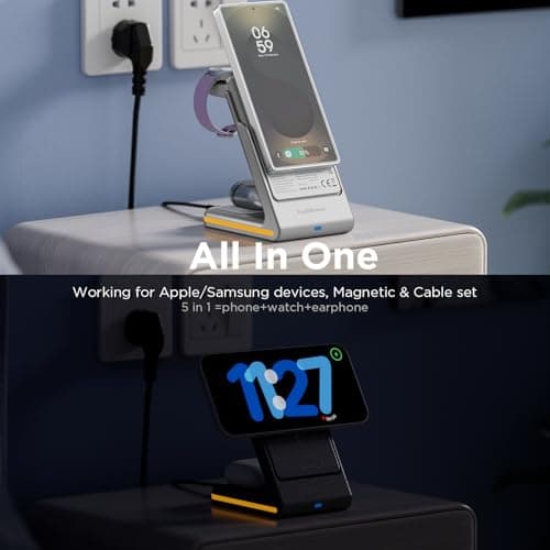 Wireless Charger 5 in 1 Magnetic Charging Station Stand with Portable Power Bank for Apple/Samsung Multiple Devices for Apple Watch 10-2,iPhone 16 15-12 Pro Max/Samsung Galaxy S25 Ultra S24-S8 6