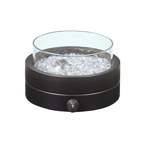 Amazon Basics 14-Inch Round Propane Fire Pit, 9000 BTU Portable Tabletop Fireplace with Glass Stones, Umbrella Hole Compatible for Outdoor Patio Tables, Gas Fire Pit for Dining, Brown