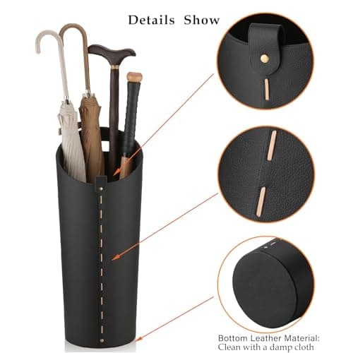 ELPMD Black Umbrella Holer for Entryway with Drip Tray and 2 Steel Hooks Leahter Tall 22.44 Inches Umbrella Stand Rack Indoor Can Store 10 Golf Umbrellas or Crutches Toy Swords etc 6