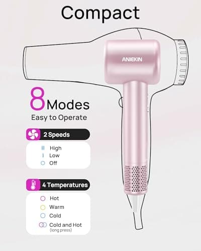 Hair Dryer, High-Speed Ionic Low Noise Blow Dryer with Brushless Motor for Fast Drying, Thermo-Control Quiet Compact Hair Blow Dryer with Magnetic Diffuser for Curly Hair for Home Travel Salon 6