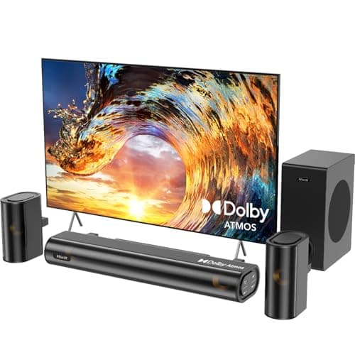 Hiwill 4.1ch Sound Bar with Dolby Atmos, 300W Sound Bar for Smart TV with Subwoofer, 2 Front Surround Speakers, Soundbar for TV Speaker, Adjustable Bass, Surround Sound System for TV, HiElite A41