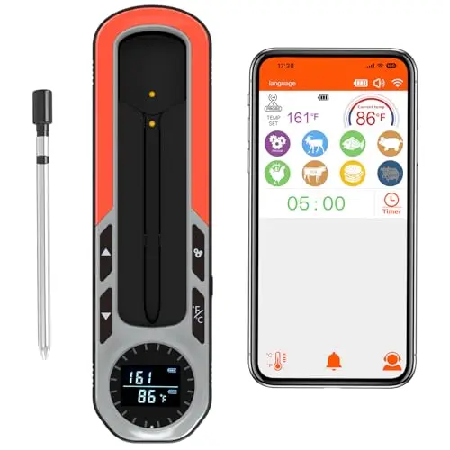 BHY Wireless Meat Thermometer - Smart Digital Cooking Thermometer with 500Ft Remote Range Wireless Probe, Food Thermometer for BBQ Oven Grill, with iOS & Android App, LCD Ddisplay