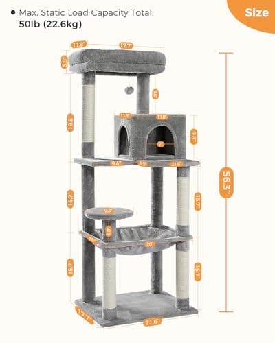 MUTTROS Cat Tree for Large Cats Adult with Metal Plush Big Hammock, 56.3" Cat Tower with 2 Door Condo House, 6-Tier Cat Shelves with Scratching Posts and Large Top Perch, Gray 7