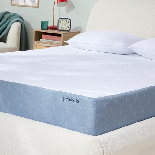 Amazon Basics Memory Foam Mattress, Medium-Firm, Cooling Gel, Queen Size, CertiPUR-US Certified Foam, 80 x 60 x 10 inches, White/Gray, Guest Room