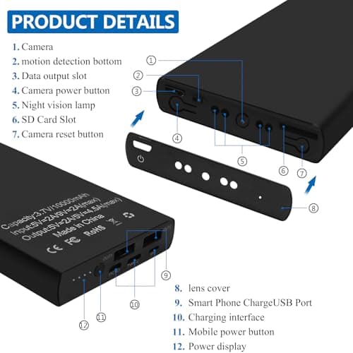 TONGCAM Hidden Camera Charger, 1080P Video Recording Cam with Power Bank, 10,000mAh Battery, Portable Security Camera with Night Vision, Motion Detection, No WiFi, Black 6