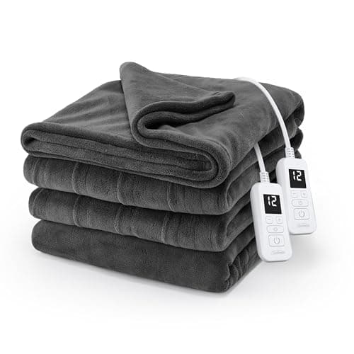 Sunbeam Electric Royal Luxe Microplush Heated Blanket 12 Heat Settings, 12-Hour Selectable Auto Shut-Off, Fast Heating, Warm and Cozy, Jet Grey Color, Queen, 90" x 84"
