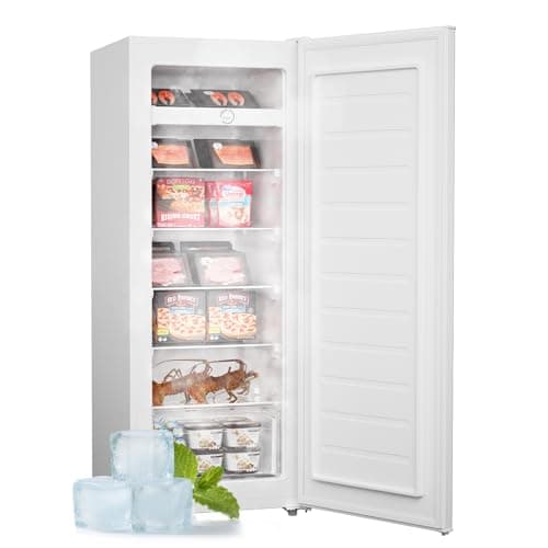 Upstreman 7.0 Cu.Ft Upright Freezer, Large Capacity Stand Up Freezer with 5 Adjustable Shelves, Convertible Refrigerator/Freezer, Reversible Door for Home, Basement, Apartment (White)