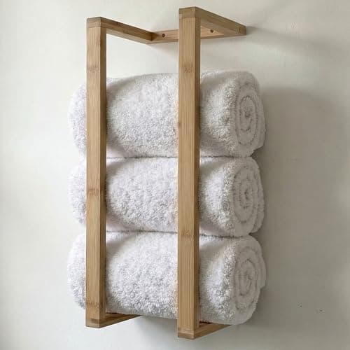 Aura Nest Bamboo Towel Racks - Vertical Wood Towel Rack Bamboo Bathroom Accessories, Storage, Wall Towel Rack for Rolled Towels for Bathroom Furniture, Spa Furniture and Decor (Natural, Medium)