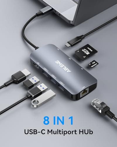 ABLEWE USB C Hub Ethernet, Multiport USB C to HDMI Hub, 8 in 1 4K@60Hz USBC Adapter,1000Mbps, 100W PD, 3 USB 3.0 Ports, Docking Station Compatible for MacBook, Tablet, Phone, Type C Devices 8